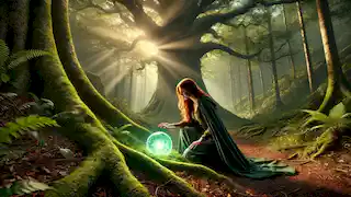 Elara kneels in a magical forest, reaching out toward a glowing crystalline orb nestled among ancient oak roots.