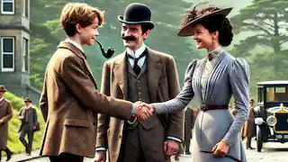 Sherlock Holmes shaking hands with Sir Edward while Dr. Watson and Clara Mallory stand nearby.