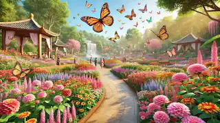 A beautiful garden in Shangyu filled with vibrant flowers and fluttering butterflies in memory of the lovers.