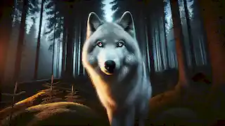 The Lupine Wolf, with silver fur and glowing amber eyes, stands in a forest clearing under the faint moonlight.