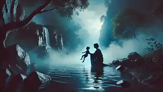 Thetis dips baby Achilles into the River Styx, holding him by the heel, with mist rising around the mystical waters.