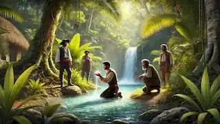 Ponce de León kneels before a spring, cupping water in his hands, surrounded by his men and lush greenery.