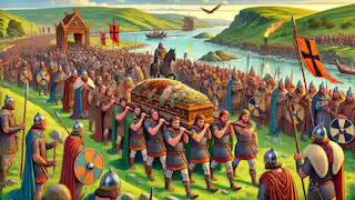 A grand funeral procession for Beowulf, the hero and king, with his body being carried by loyal warriors.