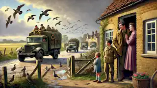 A convoy of military trucks arriving in a rural village after the bird attacks, offering hope to Nat and his family