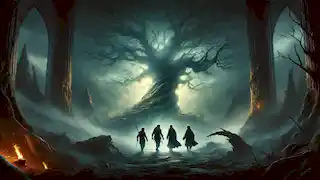 The brothers walk through the misty Valley of Shadows toward a glowing ancient tree, their fears tested by haunting illusions.