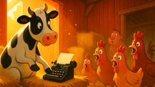 A black-and-white Holstein cow stamping its hoof next to a typewriter and a typed note.