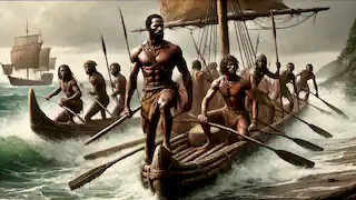 Carib warriors setting out in canoes, preparing for a raid as waves crash on the shore.