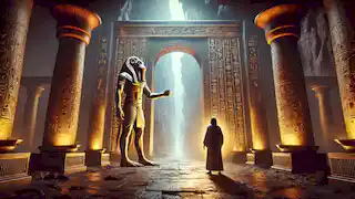 Akhen stands before Hapi, the baboon-headed god, as he crosses one of the final gates in the Duat under a mystical glow.