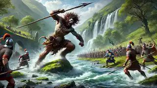 Cú Chulainn in fierce combat with a Connacht warrior at a river ford, surrounded by lush greenery and water.