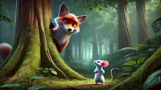 The mouse encounters a sly fox peeking out from behind a tree, with its tail curled and a cunning grin on its face.