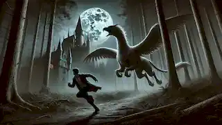 Tomas fleeing King Alaric's castle at night, running through a dense forest with the Hippogriff by his side.