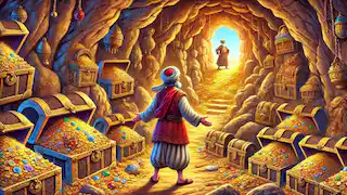 Ali Baba discovering the treasure cave of the forty thieves.