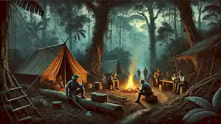 Explorers gather around a campfire in a small clearing, their tents surrounded by towering trees in the jungle