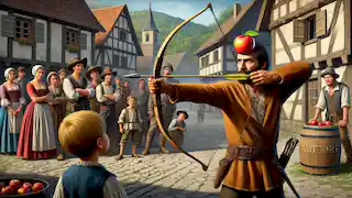 William Tell aiming his crossbow at an apple on his son's head.