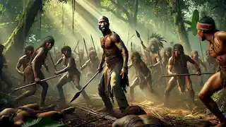 Tupac leads his tribe in defense against a rival tribe, wielding a spear amidst the jungle battle.