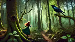 Aoife follows a magical blackbird through an enchanting Irish forest with towering trees and soft, mystical light.