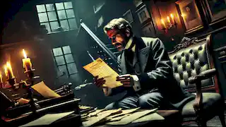 Mr. Utterson reads Dr. Jekyll’s confession letter in a dimly lit, cluttered study.