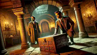 Two historians explore a hidden underground chamber in Glücksburg Castle, discovering a wooden box on a pedestal.