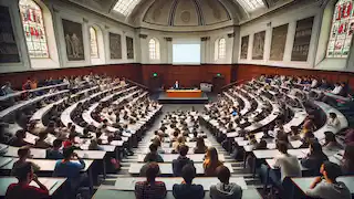 An academic lecture hall in London filled with students.