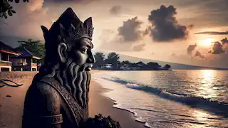 The stone figure of Malin Kundang on the beach at sunset, with waves lapping the shore and mountains in the distance.