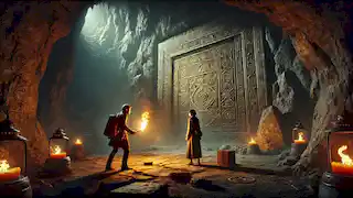 Arash and Soraya in a cave, facing a massive stone door illuminated by torchlight.