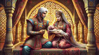 Zal and Rudaba gaze lovingly at their newborn son Rostam inside a richly decorated Persian palace.