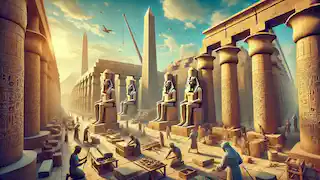 Expansion of Karnak Temple with workers and statues during a Pharaoh's reign.