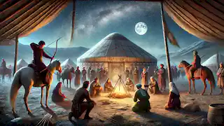 A Kazakh nomadic camp under moonlight; travelers demonstrate skills to the Tarlyk clan near yurts and campfires.