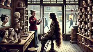 Della stands in a hair shop, her long hair ready to be cut by a stern woman holding scissors.