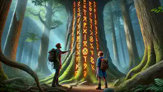 A massive oak tree with glowing runes surrounded by dense forest; two figures examine the markings with curiosity.