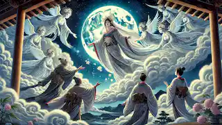 Kaguya-hime ascends toward the Moon with luminous beings, while her earthly parents bid her a sorrowful farewell.