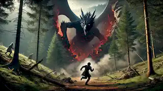 The Wyvern emerges from the ground, glowing red eyes focused on Eadric as he stumbles backward in shock.