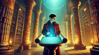 Rostam reads a scroll on a pedestal in a grand room filled with ancient books and magical glowing runes.