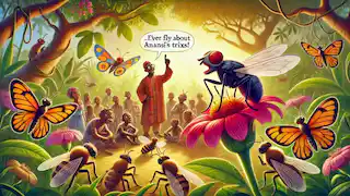 The fly warns other insects about Anansi's tricks in a sunlit, vibrant African forest.