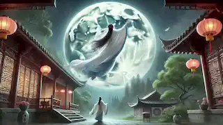 Chang'e ascends into the sky, floating toward the moon in traditional robes as Peng Meng watches below.