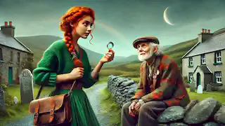 Aoife O'Donnell stands in the Irish countryside, receiving a crescent-shaped pendant from a mysterious old man.