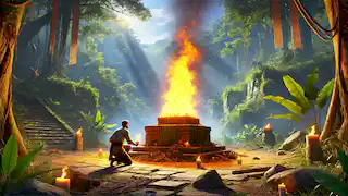 Mateo lights the sacred fire at the heart of the jungle, with Marisol's spirit fading in the background.