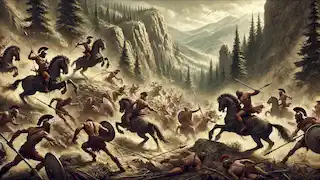 A wild battle scene between centaurs and Lapith warriors in a rugged, mountainous landscape, filled with dust and chaos.