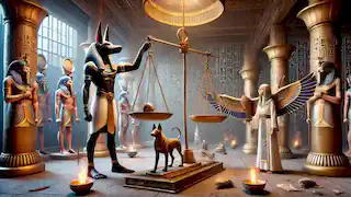 The Weighing of the Heart ceremony with Anubis, Thoth, and the deceased's heart on a scale.