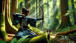 Haruto trains with his bow and sword in a sunlit forest, honing his skills for the battle ahead.