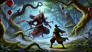 Kenta faces a Tengu in a mystical forest clearing, sword drawn, ready for a dangerous battle.