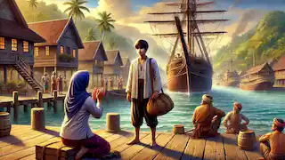  Malin Kundang prepares to board a ship while his tearful mother gives her blessing, the village in the background.