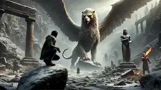 Eirik hides behind a boulder as a Griffin with the body of a lion and wings of an eagle emerges in the valley.