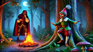 Queen's messenger spying on Rumpelstiltskin dancing around a fire in the dark forest, gleefully singing his name.