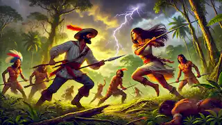 Yara, the leader of the Icamiabas, battles Rodrigo de Escobar in a jungle clearing during a thunderstorm.