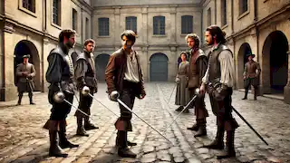 D'Artagnan prepares for a duel against Athos, Porthos, and Aramis in a Parisian courtyard