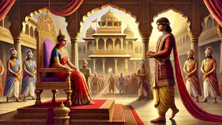 Naravahanadatta answers Princess Madanamanchuka's riddle in the royal court of Ujjain.