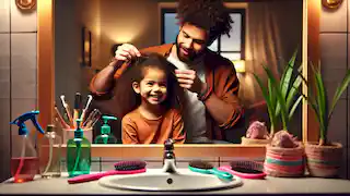 Zuri sits in front of a bathroom mirror as her dad carefully braids her hair.