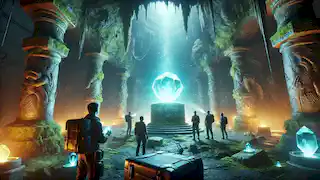 A glowing cavern reveals a crystal orb on a pedestal, surrounded by phosphorescent moss and ancient carvings.