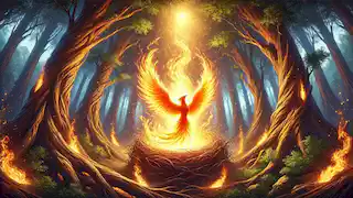 The Phoenix engulfed in mystical flames, surrounded by a glowing nest as it undergoes its powerful transformation.